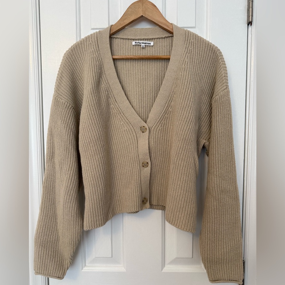Reformation Cropped Cardigan Sweater in Tan